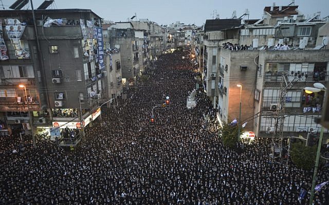 Tens of thousands of ultra-Orthodox Israelis attend a United Torah Judaism party rally in the city of Bnei Brak on March 11 ahead of next week's elections. (photo credit: Flash90)