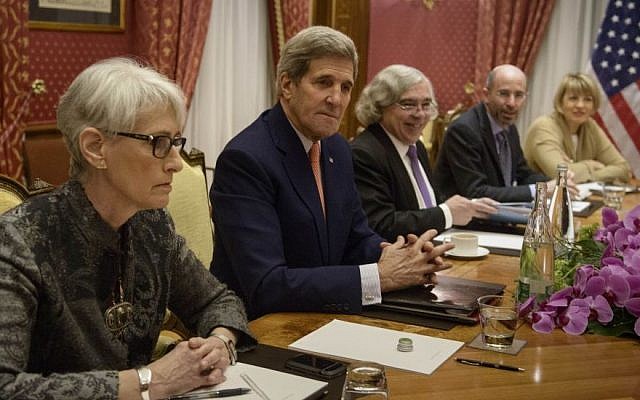 US Under Secretary for Political Affairs Wendy Sherman, US Secretary of State John Kerry, US Secretary of Energy Ernest Moniz, Robert Malley of the US National Security Council and European Union Political Director Helga Schmid wait before the start of a meeting at the Beau Rivage Palace Hotel, in Lausanne, Switzerland, Saturday March 28, 2015. (photo credit: AP Photo/Brendan Smialowski, Pool)