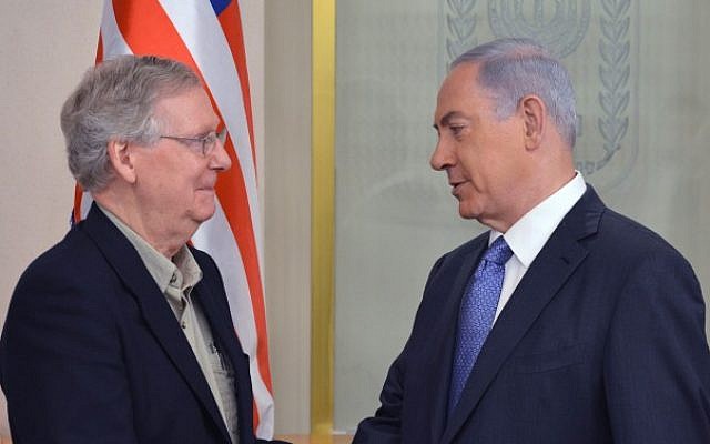Sen. Majority Leader Mitch McConnell, left, and Prime Minister Benjamin Netanyahu  meeting at Netanyahu’s residence in Jerusalem, March 29, 2015. (photo credit: Kobi Gideon/GPO/Flash90)