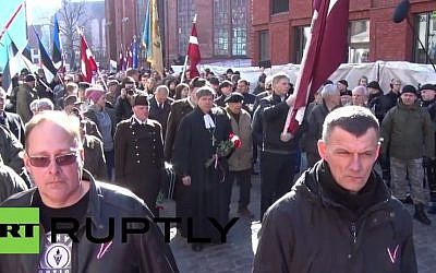 Latvian veterans who fought on Nazi Germany’s side against the Soviets in World War II stage a controversial march in Riga, Latvia on March 16, 2015 (photo credit: YouTube screenshot)