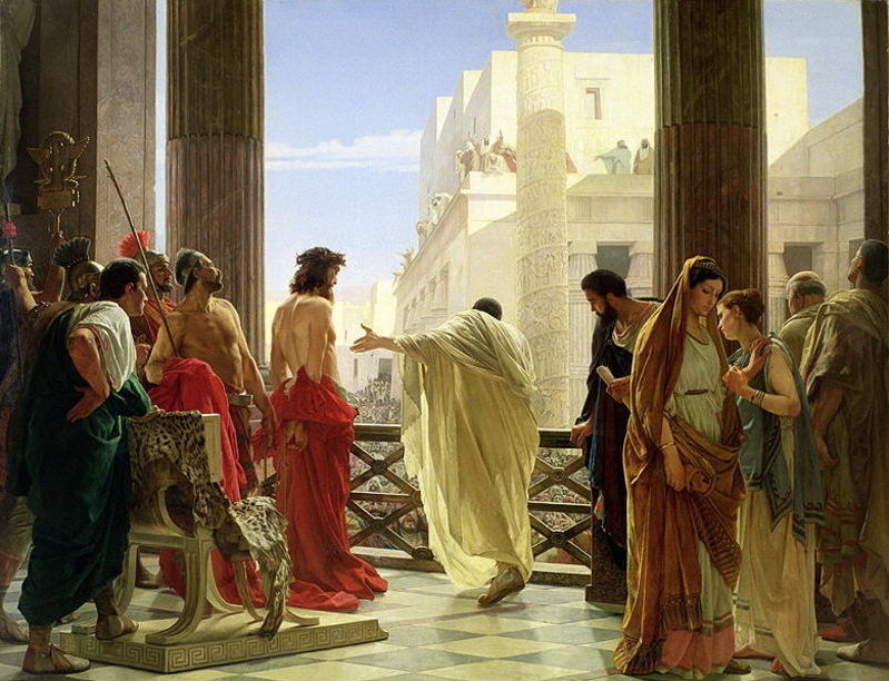 Pilate presents Jesus, as depicted in Ecce Home (Behold the man) by Antonio Ciseri, 1871