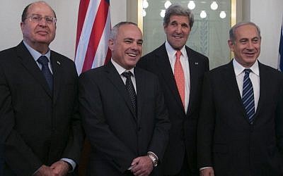 US State of Secretary John Kerry with Defense Minister Moshe Yaalon (left) Minister Yuval Steinitz (second left), and Prime Minister Benjamin Netanyahu in Jerusalem on May 23, 2013. Photo credit: Marc Israel Sellem/POOL/FLASH90)