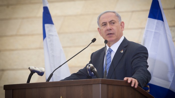 Prime Minister Benjamin Netanyahu speaks at a ceremony marking Memorial Day for Israel's fallen soldiers and victims of terror, at "Yad Labanim" in Jerusalem on April 21, 2015 (Photo credit: Miriam Alster/ Flash90)