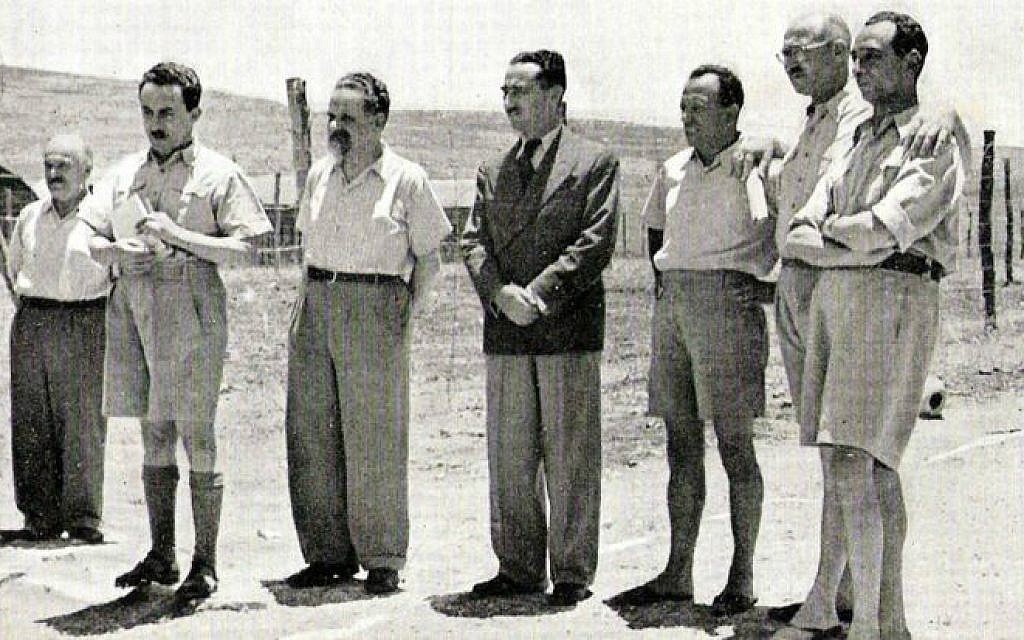 Zionist leaders arrested in Operation Agatha, a series of British raids, including one on the Jewish Agency in which incriminating documentation was found. From left to right: David Remez, Moshe Sharett, Yitzhak Gruenbaum, Dov Yosef, Shenkarsky, David Hacohen, Isser Harel. (public domain)