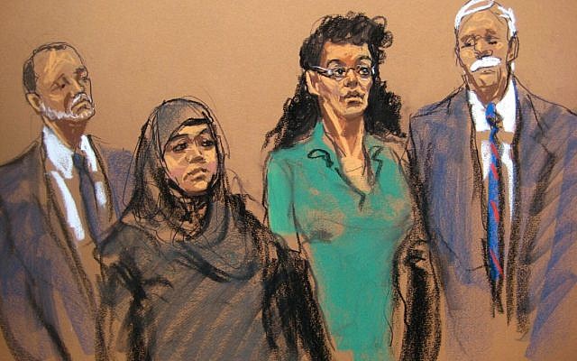 In this courtroom sketch, defendants Noelle Velentzas, center left and Asia Siddiqui, center right, appear in federal court with their attorneys, Thursday, April 2, 2015, in New York. (photo credit: AP/Jane Rosenberg)