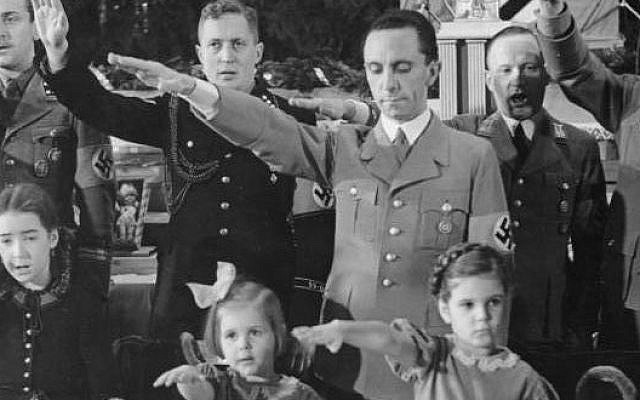 Illustrative: Joseph Goebbels with his daughters, Hilde (center) and Helga, at a Christmas celebration in Berlin, 1937 (JTA/German Federal Archives)