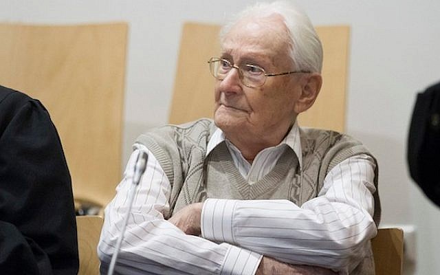 Oskar Groening at the first day of his trial in Luneberg, Germany, to face charges of being an accomplice to the murder of 300,000 at Auschwitz, April 21, 2015 (Photo credit JTA/Andreas Tamme/Getty Images)
