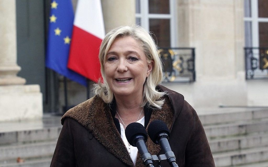 National Front leader Marine Le Pen speaking with reporters, January 9, 2015. (photo credit: JTA/Thierry Chesnot/Getty Images)