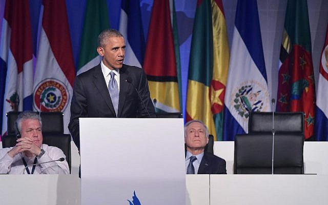US President Barack Obama at a hotel in Panama City on April 10, 2015 (photo credit: AFP/ MANDEL NGAN)