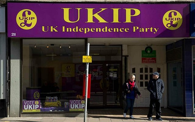 The facade of a UK Independence Party campaign office is seen in Ramsgate, England, Tuesday, March 31, 2015. (AP Photo/Matt Dunham)
