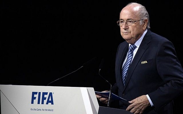FIFA president Sepp Blatter delivers a speech during the 65th FIFA Congress held at the Hallenstadion in Zurich, Switzerland, Friday, May 29, 2015, where he ran for re-election. (Walter Bieri/Keystone via AP)