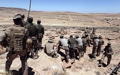 US Marines monitor Eager Lion multinational military maneuvers in Quweira, south of Amman, Jordan, on June 18, 2013. (photo credit: AP/Maya Alleruzzo, File)