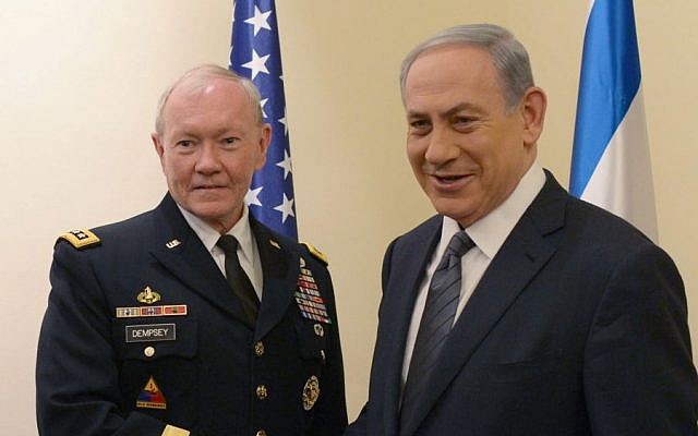 Prime Minister Benjamin Netanyahu meets with former Chairman of the Joint Chiefs of Staff General Martin Dempsey in Jerusalem, June 11, 2015. (Amos Ben Gershom/GPO)