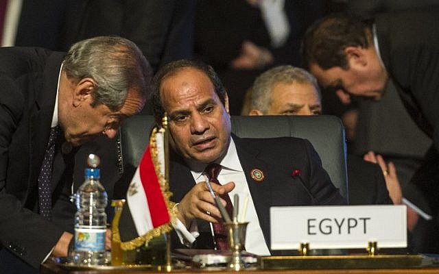 Egypt's President Abdel Fattah al-Sisi (C) talks during the closing session of an African summit meeting in the Egyptian resort of Sharm el-Sheikh on June 10, 2015. (AFP PHOTO / KHALED DESOUKI)
