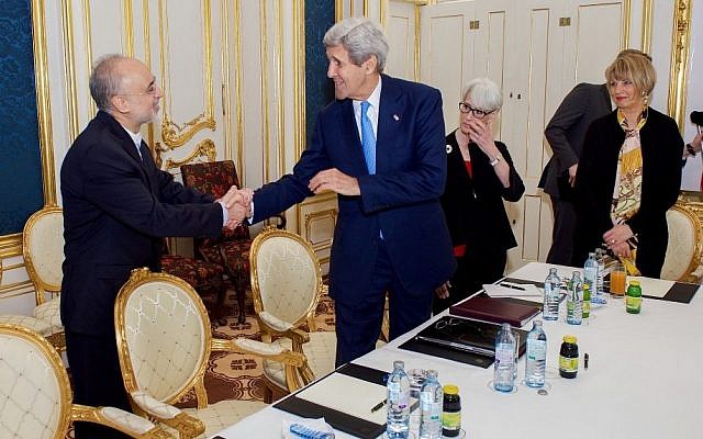 US Secretary of State John Kerry shakes hands with top Iranian nuclear official Ali Akbar Salehi on June 30, 2015, in Vienna, Austria. (US State Department)
