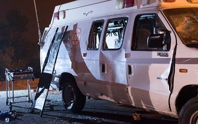 An IDF ambulance that was attacked by Druze Israeli residents in the Golan Heights as it ferried Syrian war casualties into Israel for medical treatment, June 22, 2015. (Basel Awidat/Flash90)
