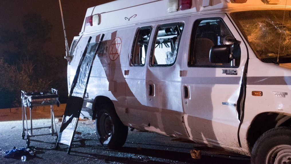 An IDF ambulance that was attacked by Druze Israeli residents in the Golan Heights as it ferried Syrian war casualties for medical treatment in Israel, June 22, 2015. (Basel Awidat/Flash90) 
