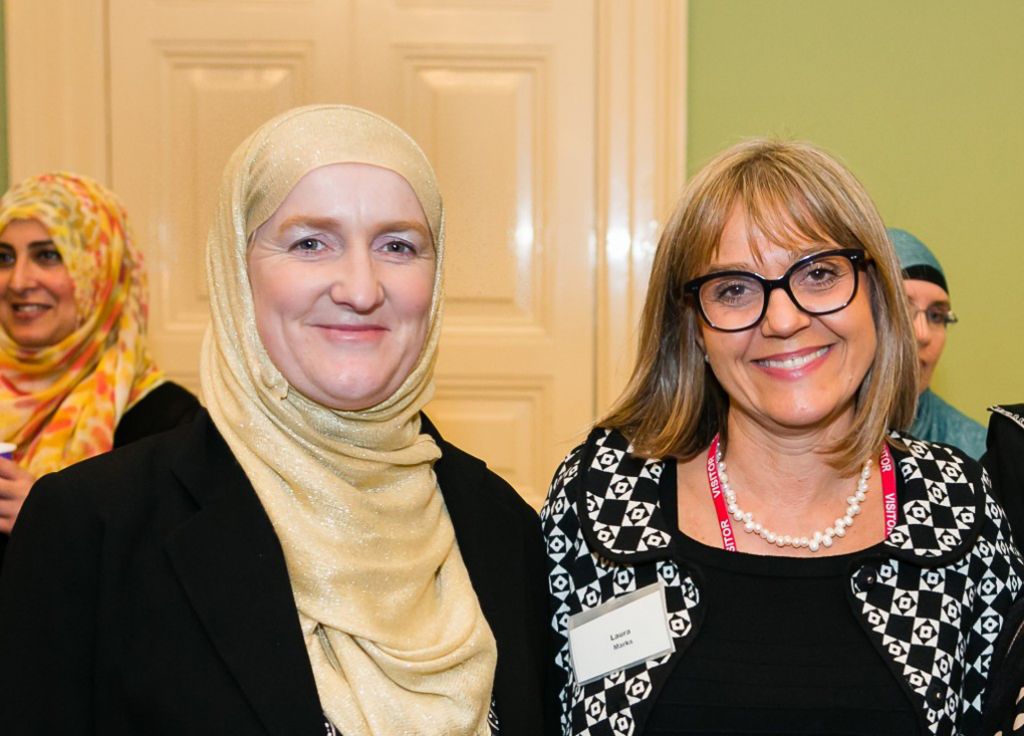 Julie Siddiqi, left, and Laura Marks, co-founders of an interfaith initiative for women, at the Jewish Museum in Camden, June 9, 2015. (Yakir Zur/ via JTA)
