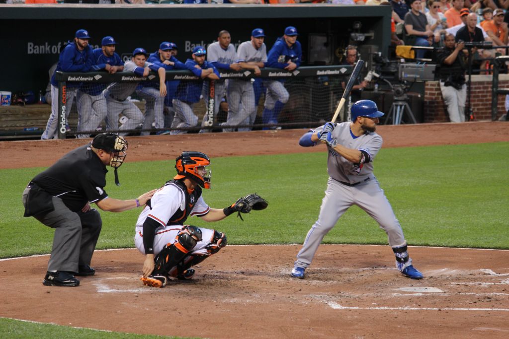 Kevin Pillar, shown hitting against the Baltimore Orioles in a game on May 12, 2015, has shown his prowess at bat and in the field this season for the Toronto Blue Jays. (Hillel Kuttler/JTA)