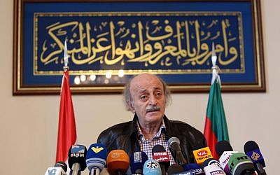 Walid Jumblatt, the political leader of Lebanon's minority Druze sect, speaks during a press conference after a meeting of the Druze community's religious leadership in Beirut, Lebanon, Friday, June 12, 2015. (AP Photo/Bilal Hussein)