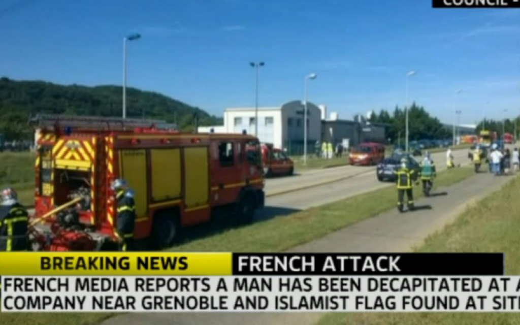 Scene of suspected terror attack in Grenoble, France, June 26, 2015 (Sky News Screenshot)