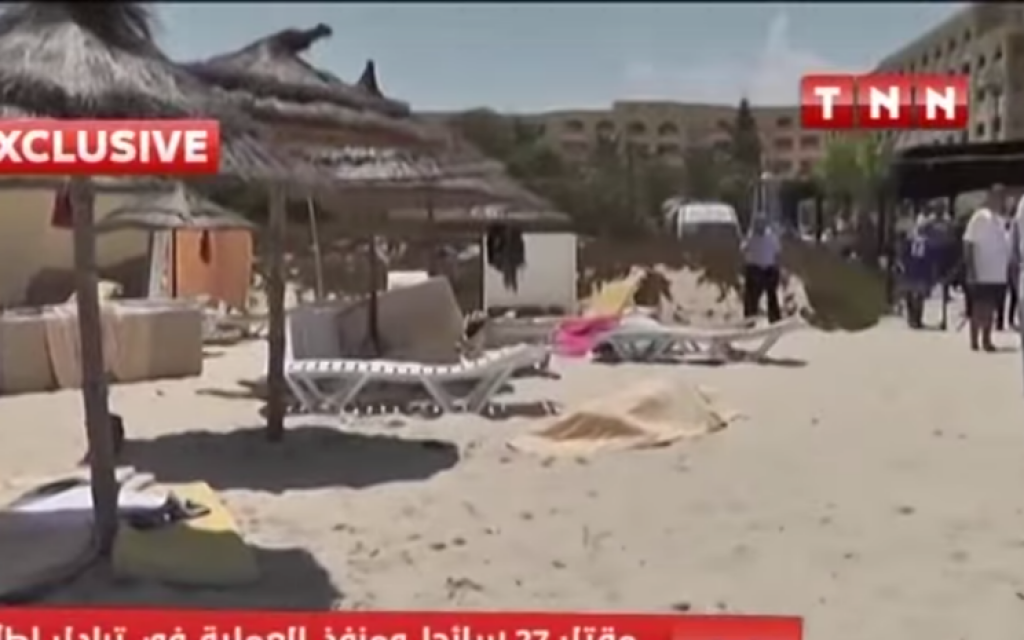 Bodies on a Tunisian beach in the immediate aftermath of a June 26, 2015 terrorist attack (YouTube screenshot)