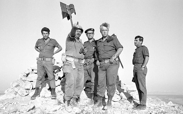 Ariel Sharon, second from right, as commander of an armored division in the Sinai during the Six Day War (Courtesy Israel Defense Force Archive)
