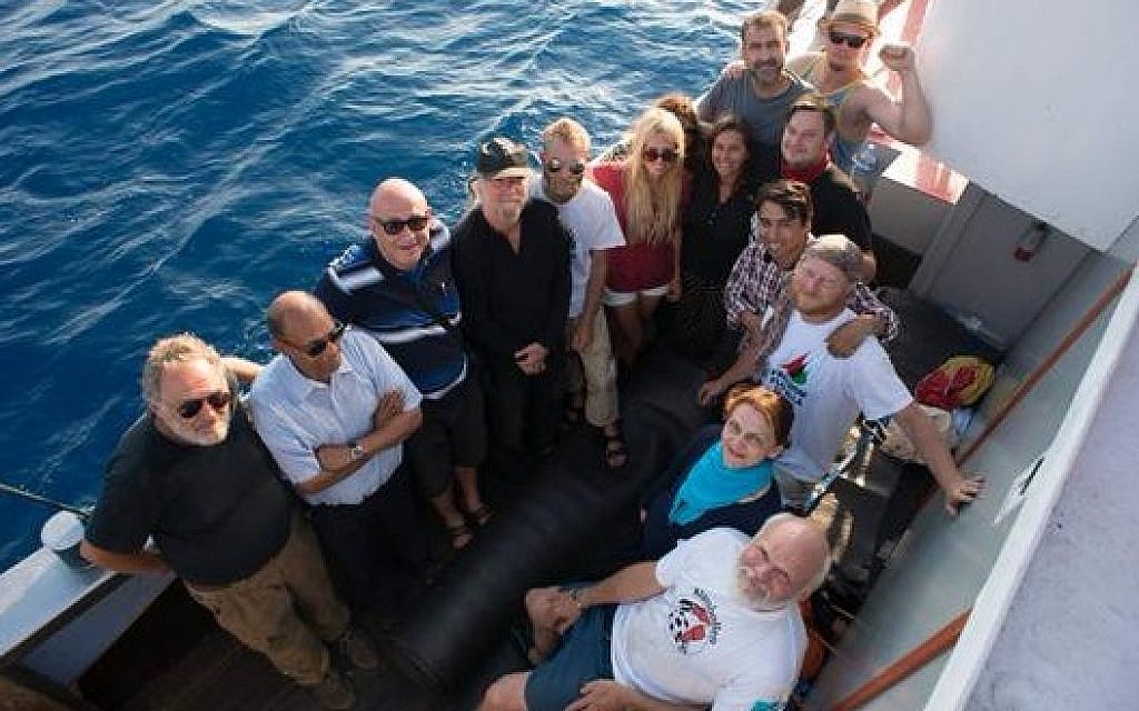 Pro-Palestinian activists aboard the Marianne as it makes its way toward the Gaza Strip, Sunday June 28, 2015. (Freedom Flotilla III)