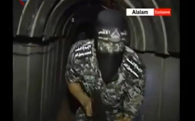 Screenshot from an Iranian TV report purporting to show a new Hamas tunnel that reaches into Israeli territory, June 28, 2015. (Screenshot/Al-Alam)