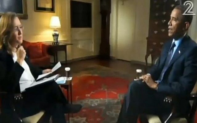 US President Barack Obama discusses the emerging nuclear deal between Iran and world powers, as well as US-Israeli relations, with Israeli journalist Ilana Dayan on May 2, 2015. (Screen capture: Channel 2)