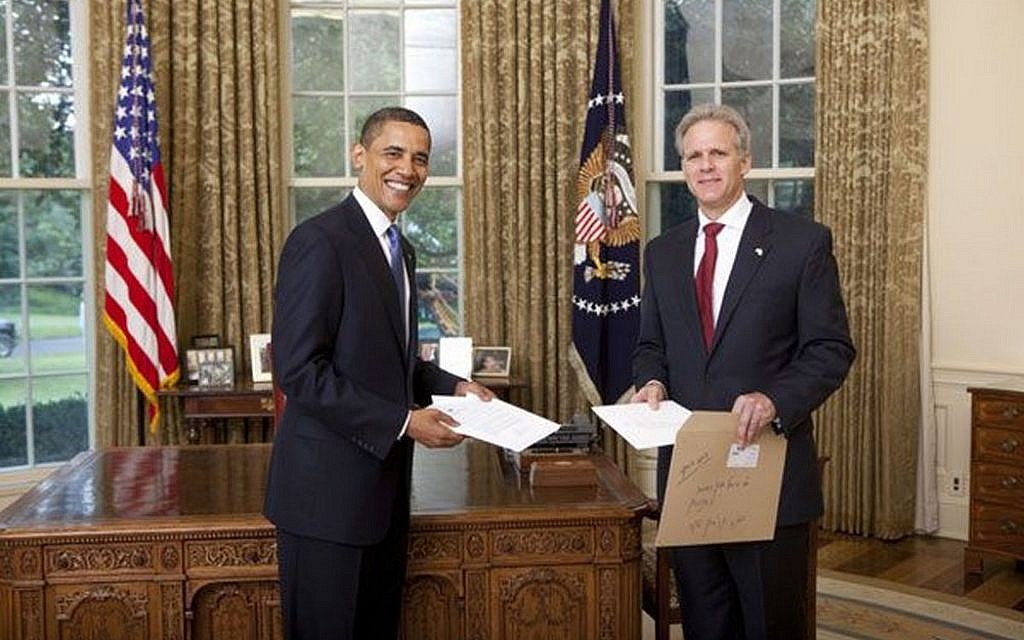 President Barack Obama welcomes Ambassador Michael B. Oren of the State of Israel to the White House Monday, July 20, 2009, during the credentials ceremony for newly appointed ambassadors to the United States (White House photo)