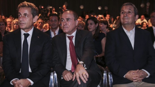 Minister of Interior Silvan Shalom (center) sits with former president of France, Nicolas Sarkozy and former prime minister Ehud Barak, at the Herzliya Conference, on June 8, 2015. (Photo by FLASH90)