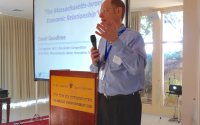 David Goodtree, a leader with the New England-Israel Business Council, helped Boston secure the first new nonstop flight El Al has opened in North America for many years. In this 2012 photo, Goodtree addresses experts in water-tech at a Tel Aviv conference he co-organized (photo: courtesy)