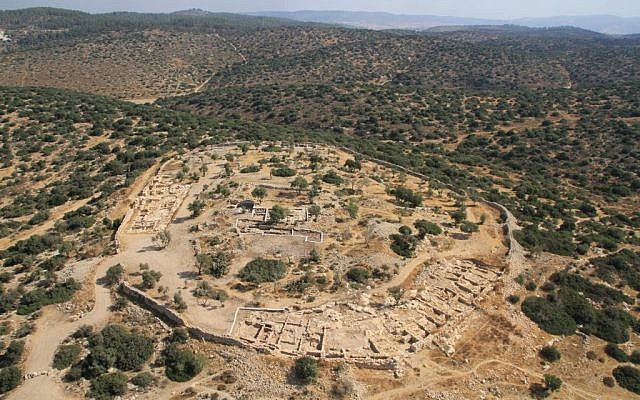 The site of Khirbet Qeiyafa in the Elah Valley. (Skyview Company/ courtesy, Hebrew University and Israel Antiquities Authority)