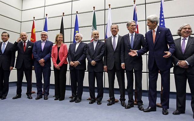 Participants in the talks on the Iran nuclear deal pose for a group photo at the UN building in Vienna, Austria, on July 14, 2015. (Carlos Barria, Pool Photo via AP)