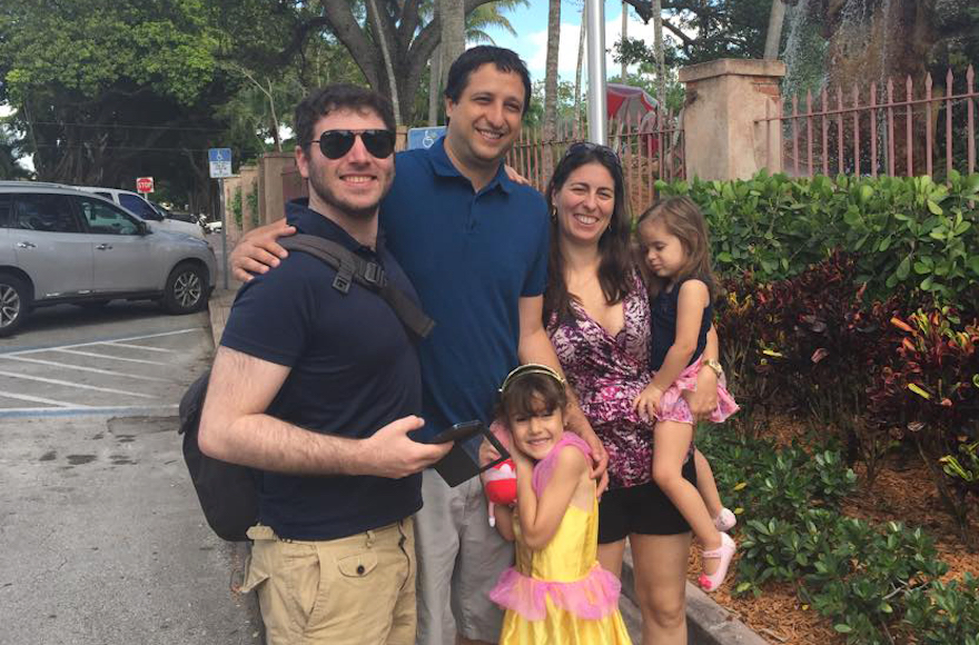 Cnaan Liphshiz, left, with Benny and Eva Lederman, two Brazilian Jews, and their two daughters in Miami, Florida, on May 9, 2015. (JTA/Iris Tzur)