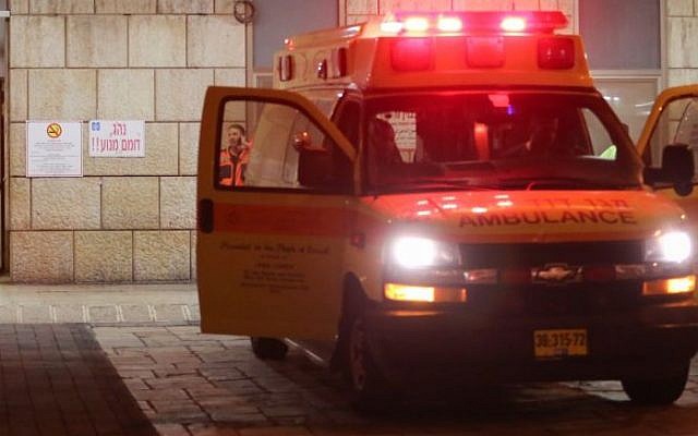 Illustrative photo of a Magen David Adom ambulance outside an Israeli hospital (Noam Revkin Fenton/Flash90)