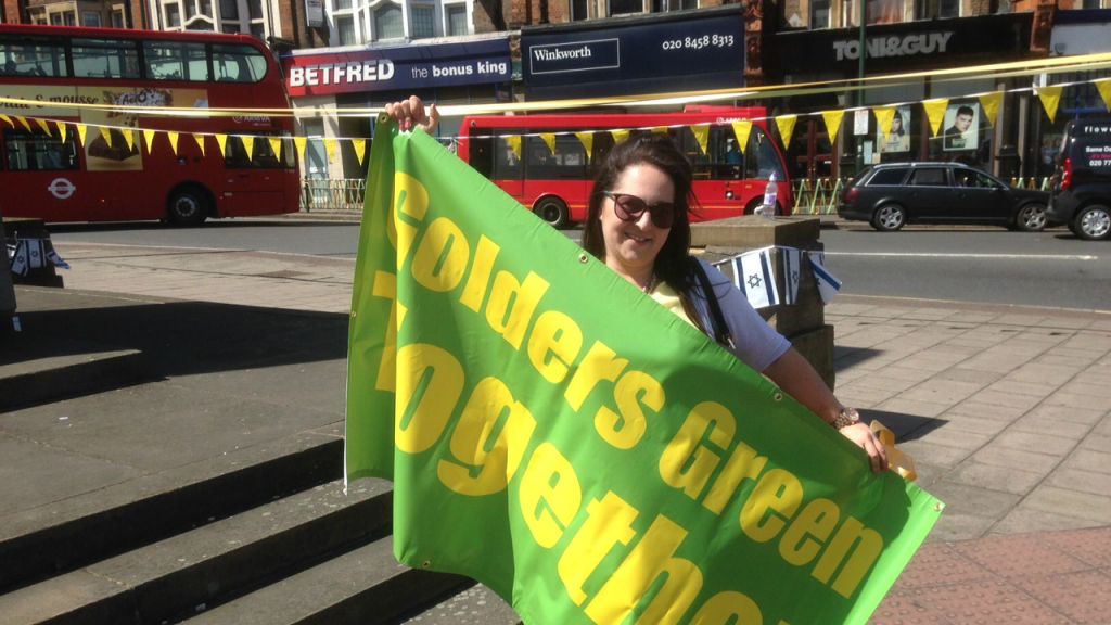 Board of Deputies of British Jews staffer Sophie Dunoff at the Golders Green Together counter rally against neo-Nazism, on July 3, 2015. (Jenni Frazer/The Times of Israel)