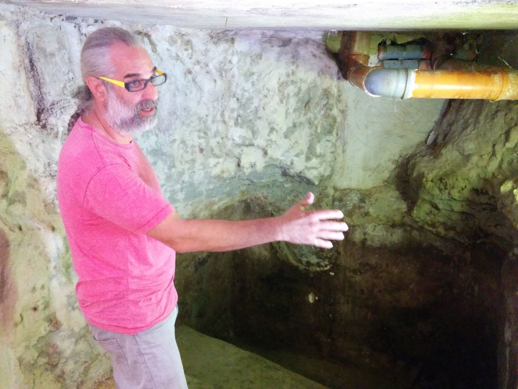Tal Shimshoni stands in a first century Jewish ritual bath found under his home in Ein Karem, on July 1, 2015. (Ilan Ben Zion/Times of Israel staff)