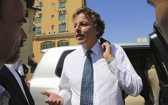 Dutch Foreign Minister Bert Koenders speaks with journalists after holding a press conference at the Roots Hotel in Gaza City, in the northern Gaza Strip, Wednesday, July 15, 2015. (AP/Adel Hana)