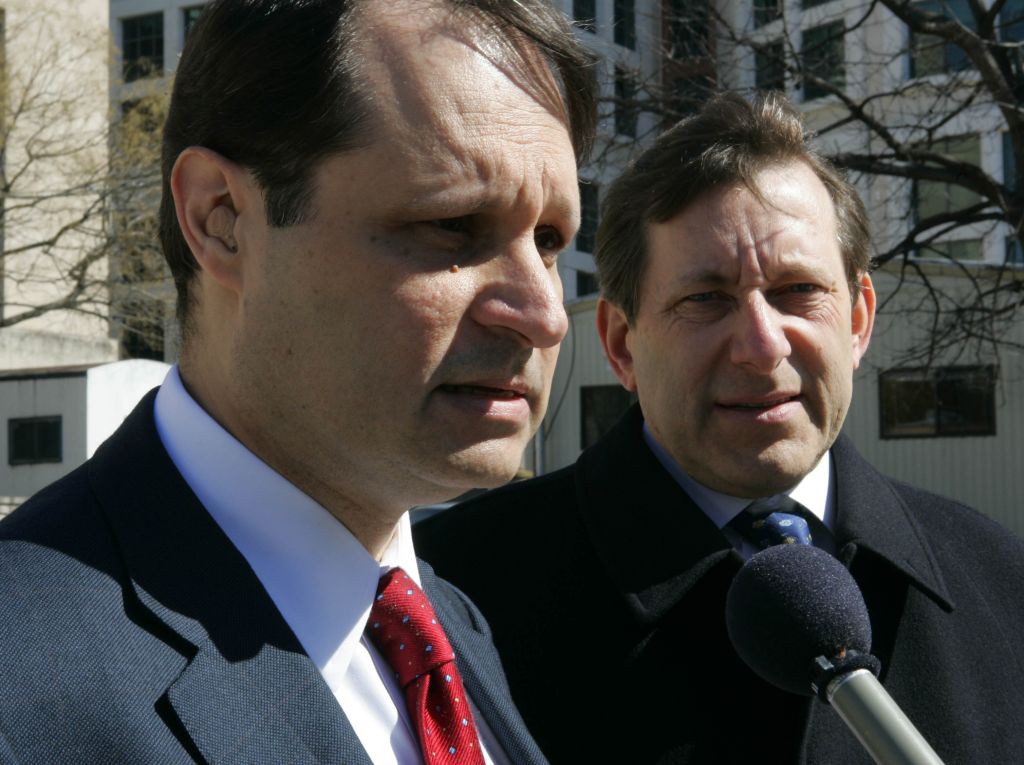 Defense attorneys Eliot Lauer, right, and Jacques Semmelman, representing convicted Israeli spy Jonathan Pollard speak to reporters outside the U.S. Courthouse Tuesday, March 15, 2005 in Washington. (AP Photo/Charles Dharapak)