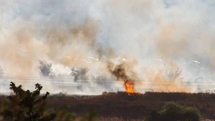 A large fire raging near Kfar Sold, caused by missiles fired from the Syrian side of the Israeli-Syrian border and hitting open areas in the Golan Heights in northern Israel on August 20, 2015. (Basel Awidat/Flash90)