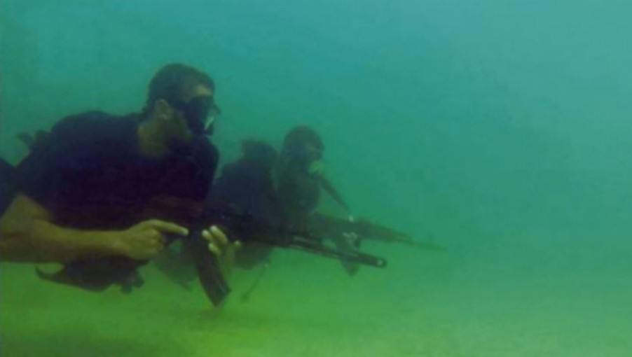 Hamas naval commandos, seen in a still image from a propaganda video released by the terror group during Israel's Operation Protective Edge, in the summer of 2014. (Screen capture)