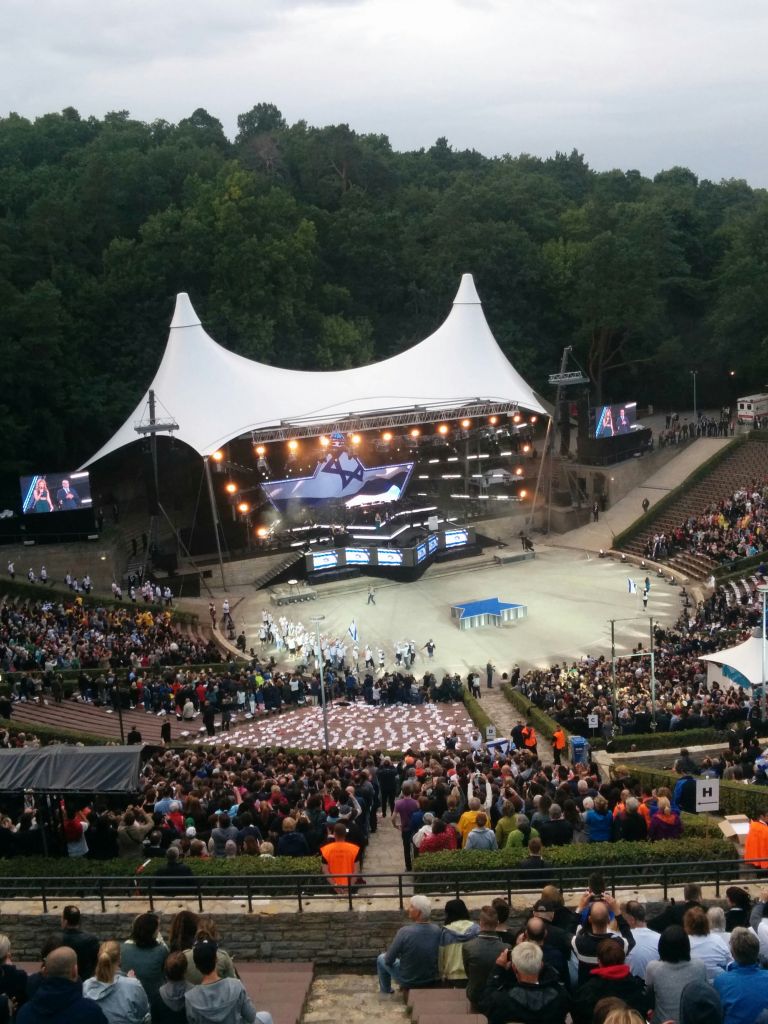The opening ceremony of the European Maccabi Games in Berlin, a first since World War II, at the Waldbüche amphitheater, constructed for the 1936 Olympic Games and originally named for Adolf Hitler's mentor Dietrich Eckart, July 29, 2015. (Ilan Ben Zion/Times of Israel)