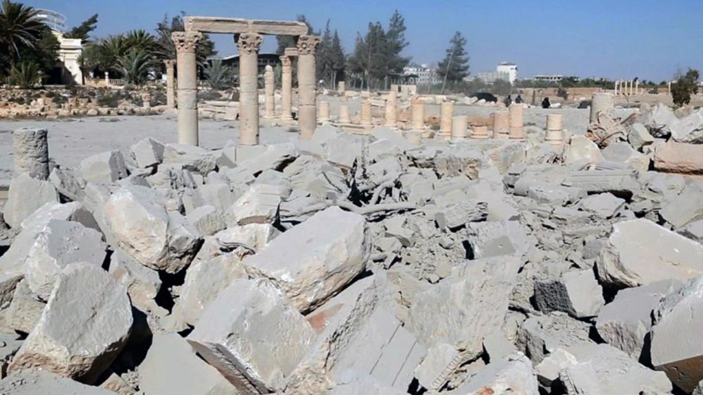 This undated file photo released Tuesday, Aug. 25, 2015 on a social media site used by Islamic State militants, which has been verified and is consistent with other AP reporting, shows the demolished 2,000-year-old temple of Baalshamin in Syria's ancient caravan city of Palmyra. (Islamic State social media account via AP)