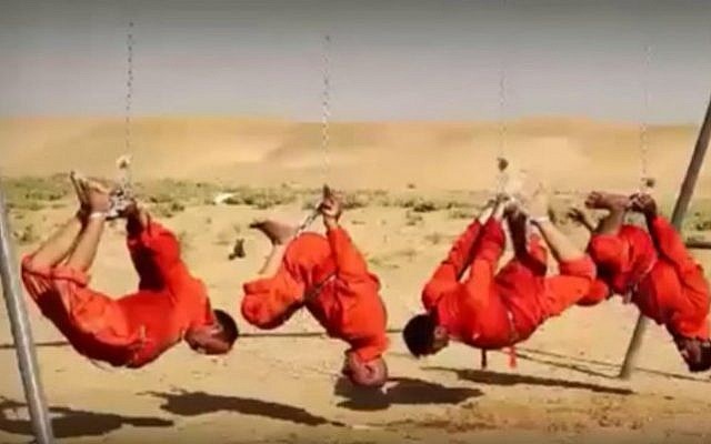 Four Iraqi Shiite fighters shown before being burned alive in an Islamic State video (YouTube screen capture)