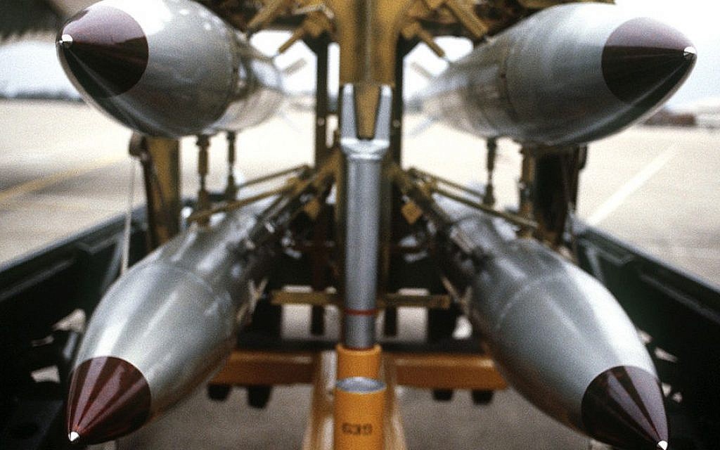 Illustrative: B61 nuclear bombs on a rack. (Courtesy US Department of Defense)
