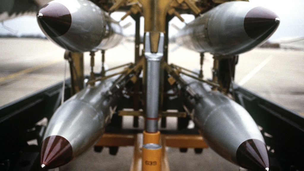 Illustrative: B61 nuclear bombs on a rack. (Courtesy US Department of Defense)