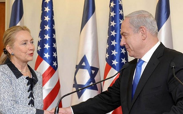 Prime Minister Benjamin Netanyahu (right) meets US secretary of state Hillary Clinton at the Prime Minister's Office in Jerusalem, November 20, 2012. (Avi Ohayon/GPO via Getty Images)