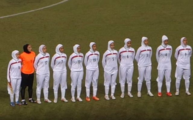 The Iranian national women's soccer team before a match. (screen capture: YouTube/Elm Owen)